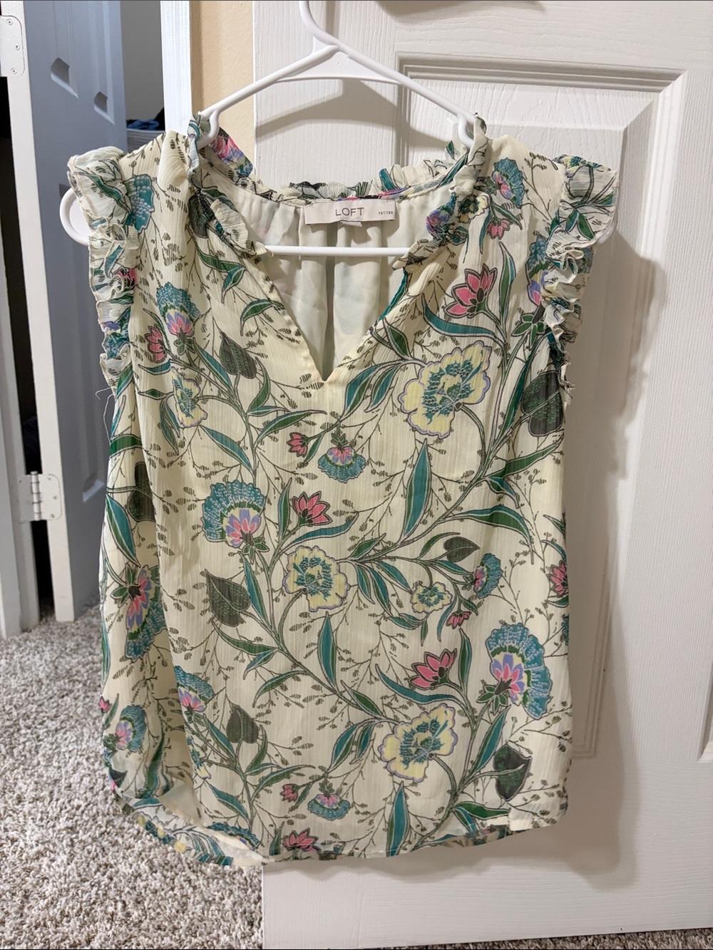LOFT Cream Floral Ruffle Sleeve V-Neck Camisole